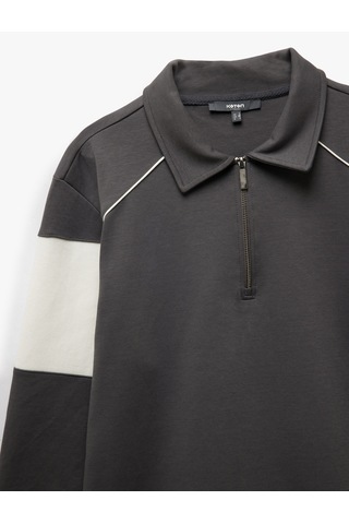 Koton Pamuklu Renk Bloklu Uzun Kollu Yarım Fermuarlı Sweatshirt Antrasit 5sam70034mk Antrasit