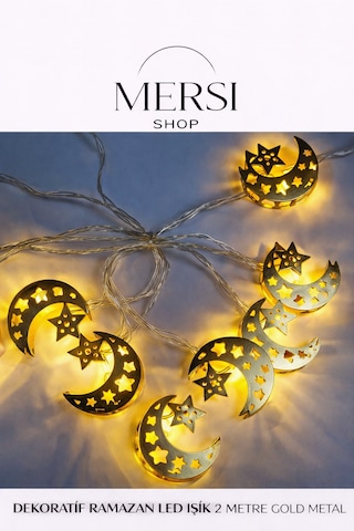 Mersi Shop Ramazan Ay Yıldız Gold Metal Led Işık 2 Metre Pilli Dekoratif Zincir Aydınlatma 1