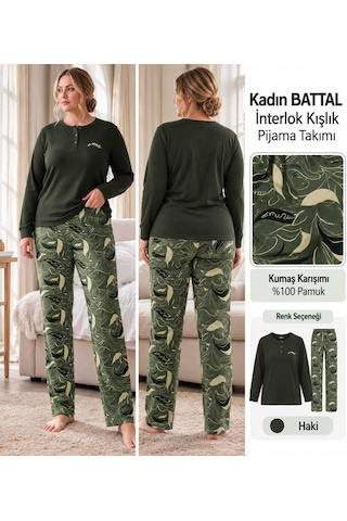 Angelina Kadın Battal Düğmeli Yaka %100 Pamuk İnterlok Kışlık Pijama Takımı 10004 - 1 Adet Haki