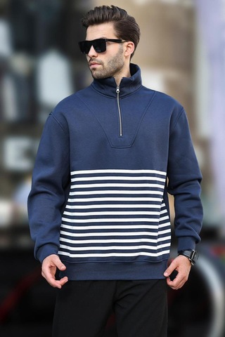 Madmext Lacivert Fermuar Yakalı Çizgili Sweatshirt 7056-lacivert Lacivert