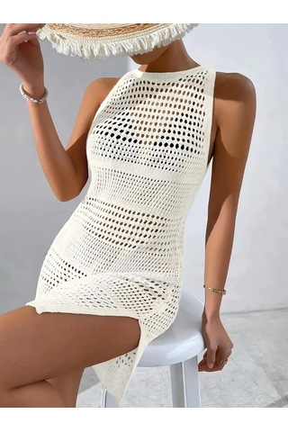 Kadın Askılı Derin Sırt Dekolteli Ajurlu Triko Pareo Beyaz