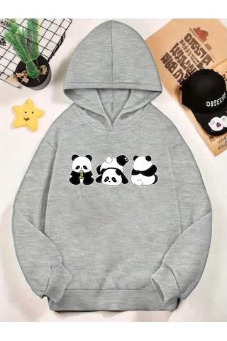Uyguntarz Unisex Yaramaz Pandalar Baskılı Oversize Sweatshirt Gri