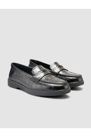 %100 Hakiki Deri Siyah Croco Desen Kadın Loafer Siyah