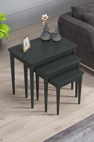 Elegance Antrasit Mdf Lake Boyalı Tabla Gürgen Ayak 3 Lü Zigon Sehpa Takımı Çay Sehpası Servis Sehpa Antrasit