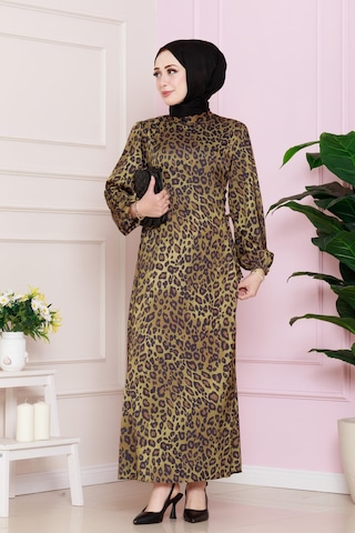 Yanı Bağcıklı Leopar Desenli Tesettür Abiye-hardal-4684
