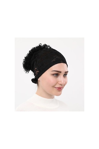 Sensu Kendinden Dantelli Fırfırlı Tesettüriç Bone Sıyah