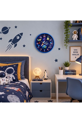 Galaksi Macerası 36 X 36 Cm Mavi Çocuk Duvar Saati Renkli