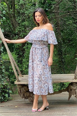 Neşeli Butik Kadın Bej Madonna Kuşaklı Çiçek Desenli Şifon Elbise Nb10037 Vizon