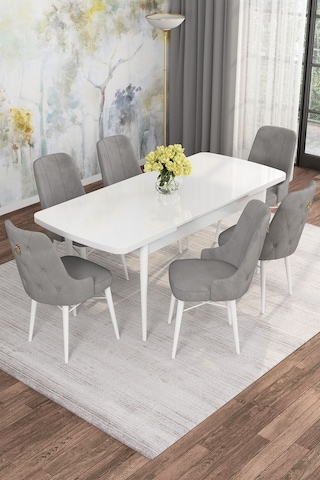 Mona Beyaz 80x132 Açılabilir Mdf Masa Yemek Odası Takımı, Mutfak Takımı 6 Adet Sandalye Beyaz Masa - 6 Gri - Beyaz Ayak