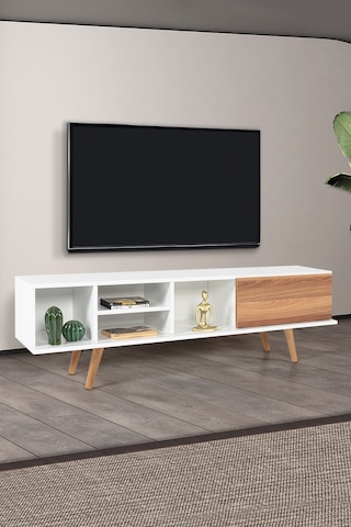 3630 Ela 160 Cm Ahşap Ayaklı Tv Ünitesi , Beyaz - Söğüt , Tv Sehpası , Salon , Oturma Odası Diğer