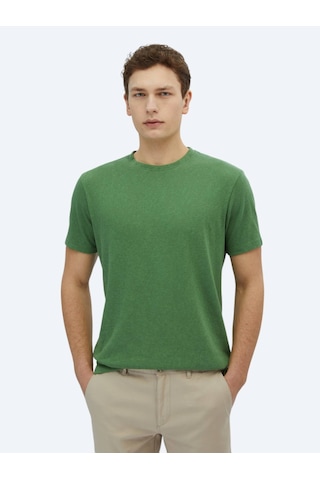 Kip Fıstık Yeşili Düz Bisiklet Yaka Pamuk Karışımlı T-shirt Fıstık Yeşili