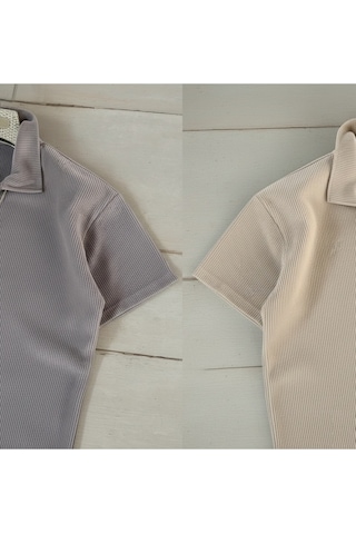 Fifty Color Alaçatı Stili Erkek Fitilli Ottoman Hava Alan Kumaş Polo Yaka T-shirt 2li Renk Bej - Taş Rengi