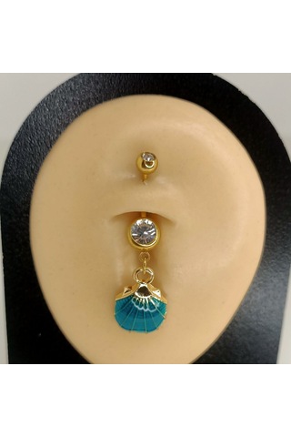 Aya Tasarım Gold Renk Turkuaz İstiridye Figürlü Göbek Piercing Altın