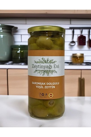 Yöresel Lezzetler Zeytinyağında Marine Edilmiş Sarımsak Dolgulu Yeşil Zeytin 450 Gram