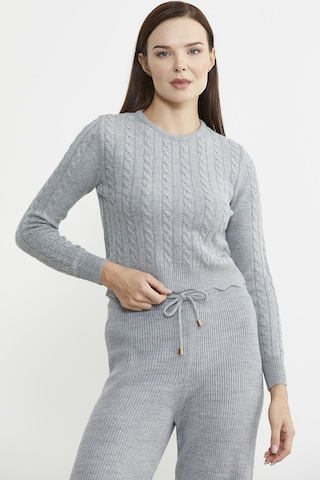 Sementa Saç Örgü Dilimli Crop Triko Kazak - Gri 001