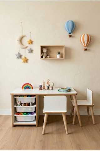 Çocuk Masa Sandalye Takımı 90x45 Cm 3 Sepetli Çocuk Çalışma Ve Aktivite Masası Yaz-sil,2 Sandalyeli Beyaz