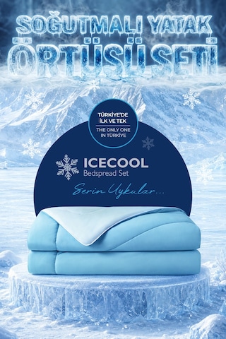 Soğutmalı Yatak Örtüsü Seti Çift Kişilik Soğuk Icecool 3 Parça Çift Taraflı Mavi Turkuaz
