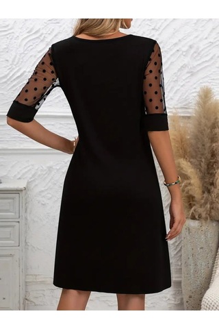 Kadın Puantiyeli Tül Kollu Bisiklet Yaka Janjan Krep Elbise Siyah