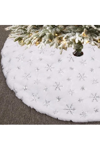 90 Cm Yılbaşı Ağaç Örtüsü Peluş Beyaz Üzeri Gümüş Simli Kar Tanesi