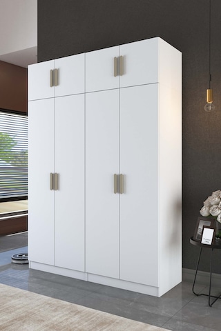 Rani Ba216 Geniş Gardırop Elbise Dolabı 8 Kapaklı 5 Raflı 2 Askılı Modüler Dolap Beyaz