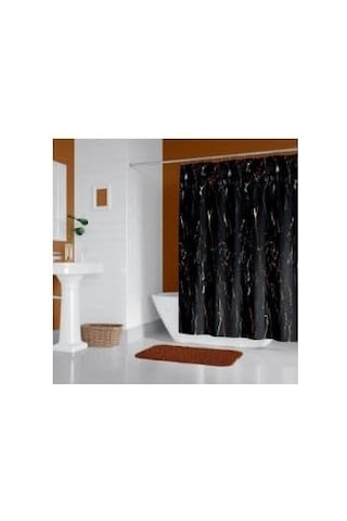 Tropik Home Siyah Mermer Desenli Banyo Perdesi, 180x200cm Duş Perdesi-tek Kanat Duş Perdesi-c Halka Hediyeli Çok Renkli