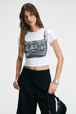 Ethıquet SERAYA Kadın Bisiklet Yaka Kısa Kollu Önü Baskılı Crop Beyaz T-Shirt