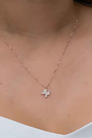 Nereze 925 Ayar Gümüş Rose Zirkon Taşlı Minik Kelebek Kolye