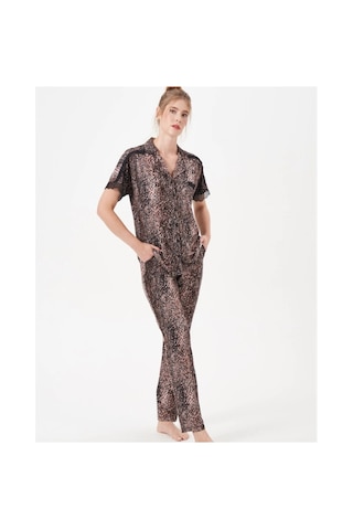 Moda Dua Pjs 29068 Kadın Kısa Kollu Düğmeli Pijama Takım Kahverengi