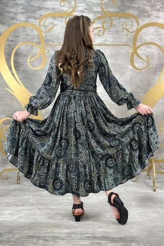 Desenli Tam Boy Uzun Kol Kız Çocuk Elbise 001