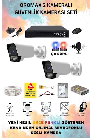 2 Kameralı Set - Yapay Zeka Özellikli Gece Renkli Sesli Fullhd 5mp Lensli 9 Warm Ve Çakar Ledli Güvenlik Kamerası Seti 5909ws-104