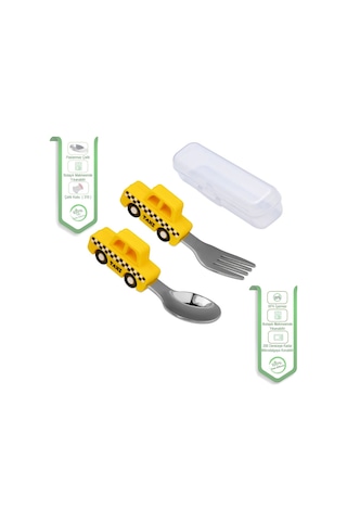 Jojobebek Kaşık Çatal Seti, Ergonomik Kısa Saplı Silikon, Paslanmaz Çelik Uçlu, Saklama Kutulu, (9-24 Ay) (TAKSİ FİGÜRLÜ-SARI)