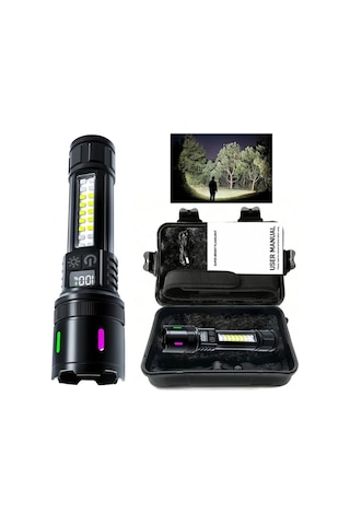 Xuweiwei Siyah Poslani 700 Lumen Usb Sarj Edilebilir Led El Feneri 7 Mod 2000mah Pil 800m Menzil 1 Takim Siyah