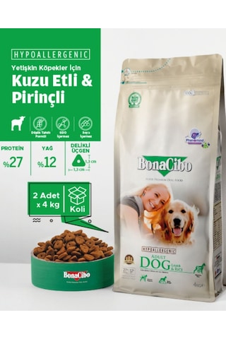 BonaCibo Adult Dog Lamb Kuzu Etli ve Pirinçli Yetişkin Köpek Maması 2 x 4 KG