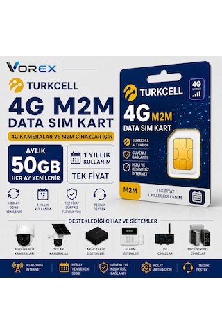 Turkcell Lte M2M Data Sim Kart 50 GB 1 Yıllık 4g Veri Hattı Kamera Iot Alarm Araç Takip