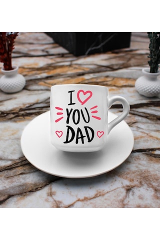 I Love You Dad Baskılı 2'li Türk Kahve Fincanı & Metal Mum Hediye Seti Babalar Gününe Özel Hediye B2
