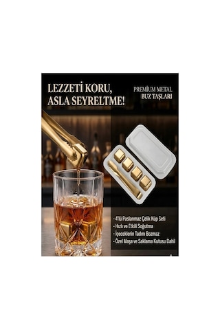 4 Adet Paslanmaz Çelik Buz Kalıbı Viski Soğutma Taşı Maşalı Yeniden Kullanılabilir Buz Viski Taşı Altın