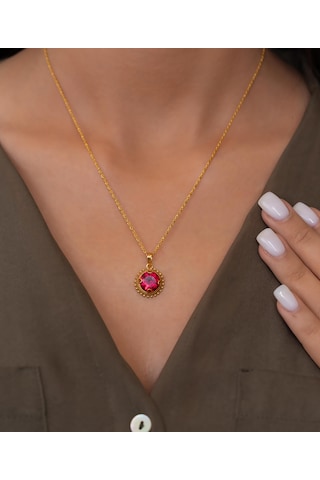 Bayar Gold 14 Ayar Altın Kırmızı Güneş Taşlı Kolye Sarı Altın
