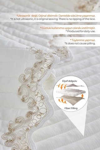 Evlen Home Mihrimah Dantelli Lüks Yatak Örtüsü Seti Çift Kişilik %100 Pamuk Şık Zarif Yumuşak Krem Kırık Beyaz
