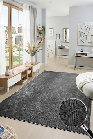 Raschel Carpet Premium Yıkanabilir Leke Tutmaz Yaprak Emboss Koyu Gri Özel Seri Kaymaz Taban Halı Yolluk Koyu Gri