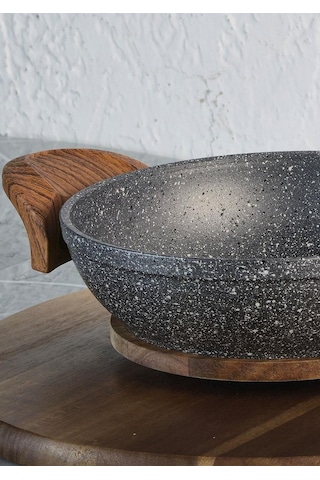 Granit Kaplama Sahan - Alüminyum Döküm, Ahşap Kulplu Sahan -18 Cm Gri