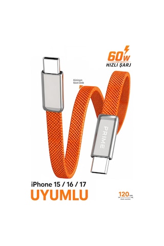 Exenar - Turuncu - Type C To Type C Hızlı Şarj Kablosu iPhone Uyumlu 15-16-17 Samsung S Serisi Fulltech Fc155 60w 1.2m 120cm