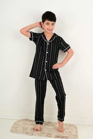 Vitmo erkek çocuk kısa kollu düğmeli pijama takımı atlas model siyah