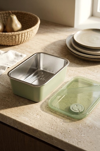 Stainless Paslanmaz Çelik Vakumlu Saklama Kabı,fırın Ve Kek Kabı 1,3lt Yemek Kabı Sefer Tası Yeşil