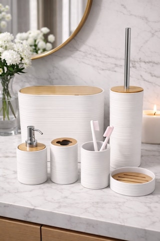 Makri Home 6 Parça Beyaz Banyo Seti, Bambu Detaylı, 8l Çöp Kovası 24x26x16 Cm
