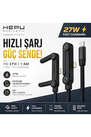 Armor Series Hp-alc01 27w Hızlı Şarj Kablosu - 1.5m Entegre Telefon Standlı Ve 90 Açılı Lightning Şarj/veri Kablosu Dayanıklı Örgülü Yapı