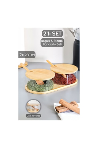2'li Bambu Kapaklı Cam Baharatlık Seti - Bambu Kaşıklı Standlı Tuzluk Biberlik Baharat Takımı 280 Ml ŞEffaf