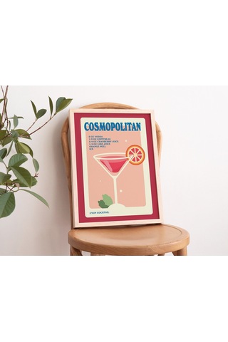 Cosmo Alkol Posteri, Minimalist Kozmopolit, Mutfak Bar Dekoru, Kırmızı Kokteyl Posteri