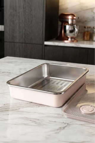 Stainless Paslanmaz Çelik Vakumlu Saklama Kabı,fırın Ve Kek Kabı 3 Lt Yemek Kabı Sefer Tası Pembe