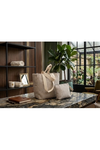 Faralya Life Çizgili Çanta 50x42 Cm Ve Makyaj Çantası Seti 26 21cm Bez Çanta Kombin Set Siyah