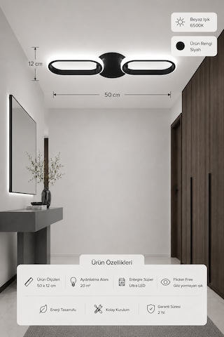 Hilton 2'li Led Plafonyer Avize Beyaz Işık Siyah